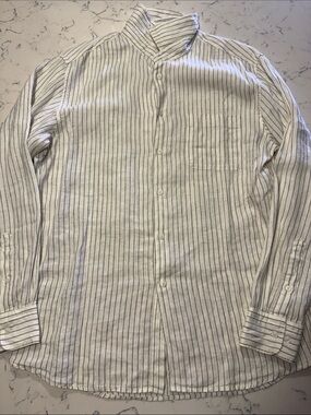 Uniqlo premium linen striped long sleeve button down shirt